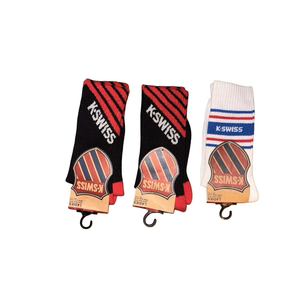K Swiss Crew Socks Lot 3 Ladies 4-10 White Black Red Athletic NWT